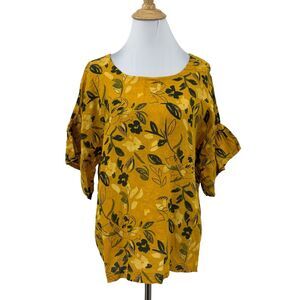 Elena Baldi Linen Blouse Womens Large Butternut Flare Sleeve Floral Round Neck